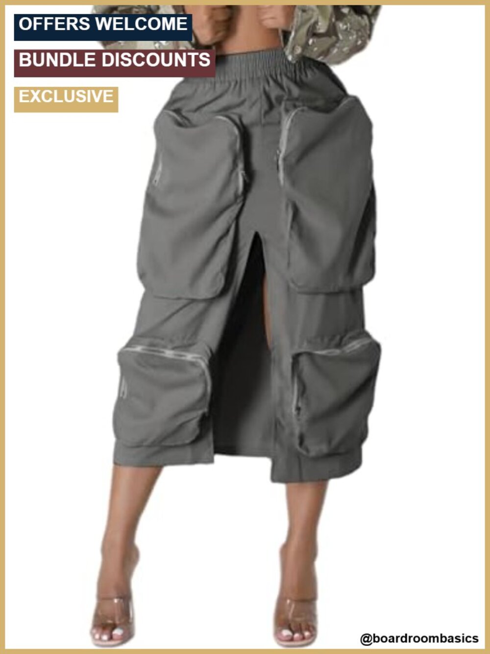 Cargo Midi Skirt Front Slit Zip Pockets High Waist Elastic Waist